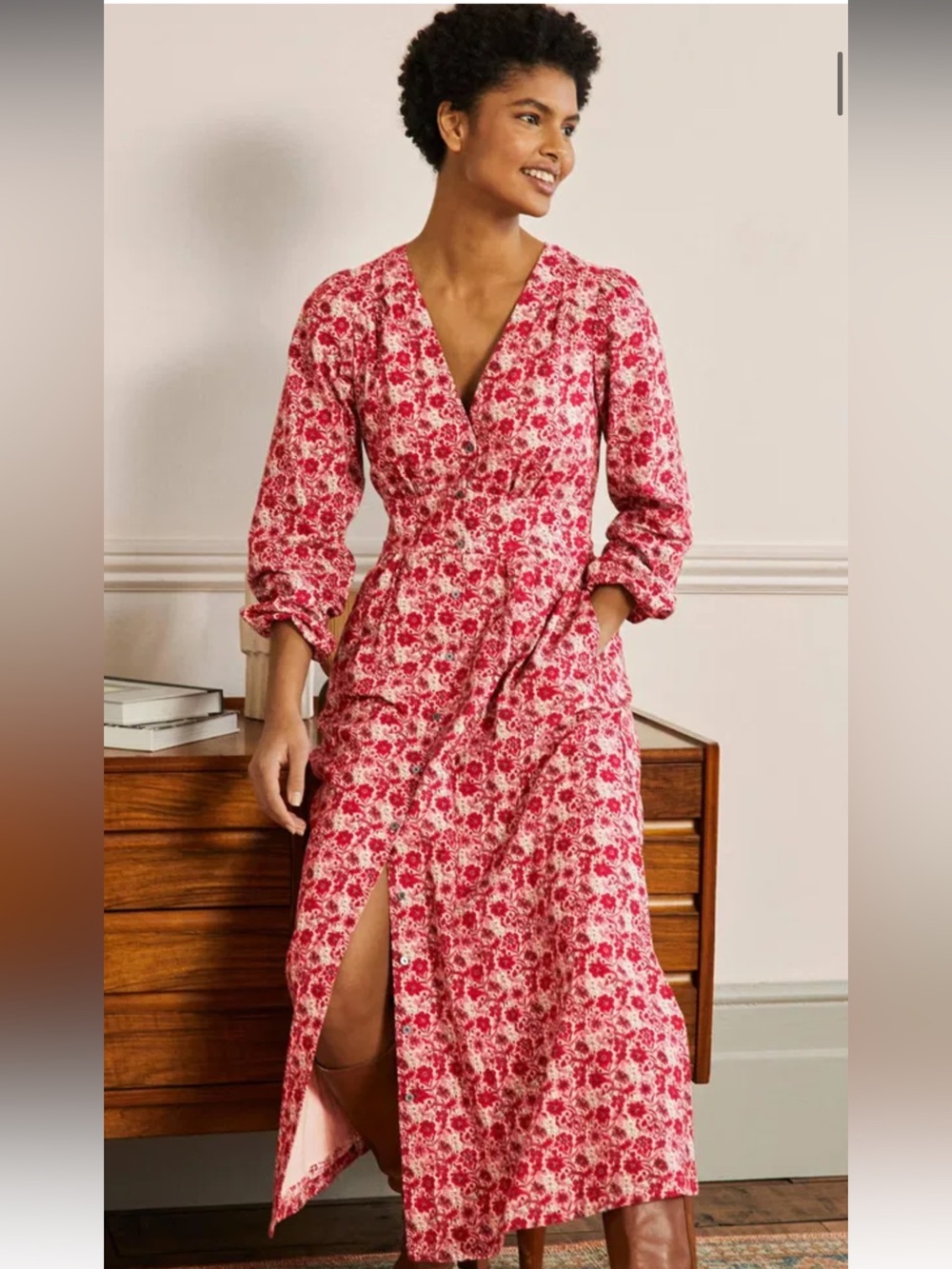 Boden Button Through red and pink floral prairie Maxi Tea Dress size 12 - Picture 1 of 15